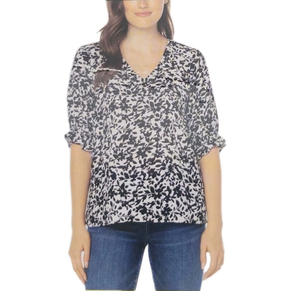 New With Tags Ladies Size Small V-Neck Blouse, Black & White Floral Print
